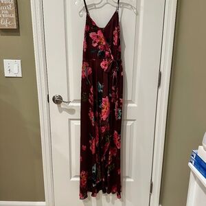 Maroon floral satin maxi dress XS